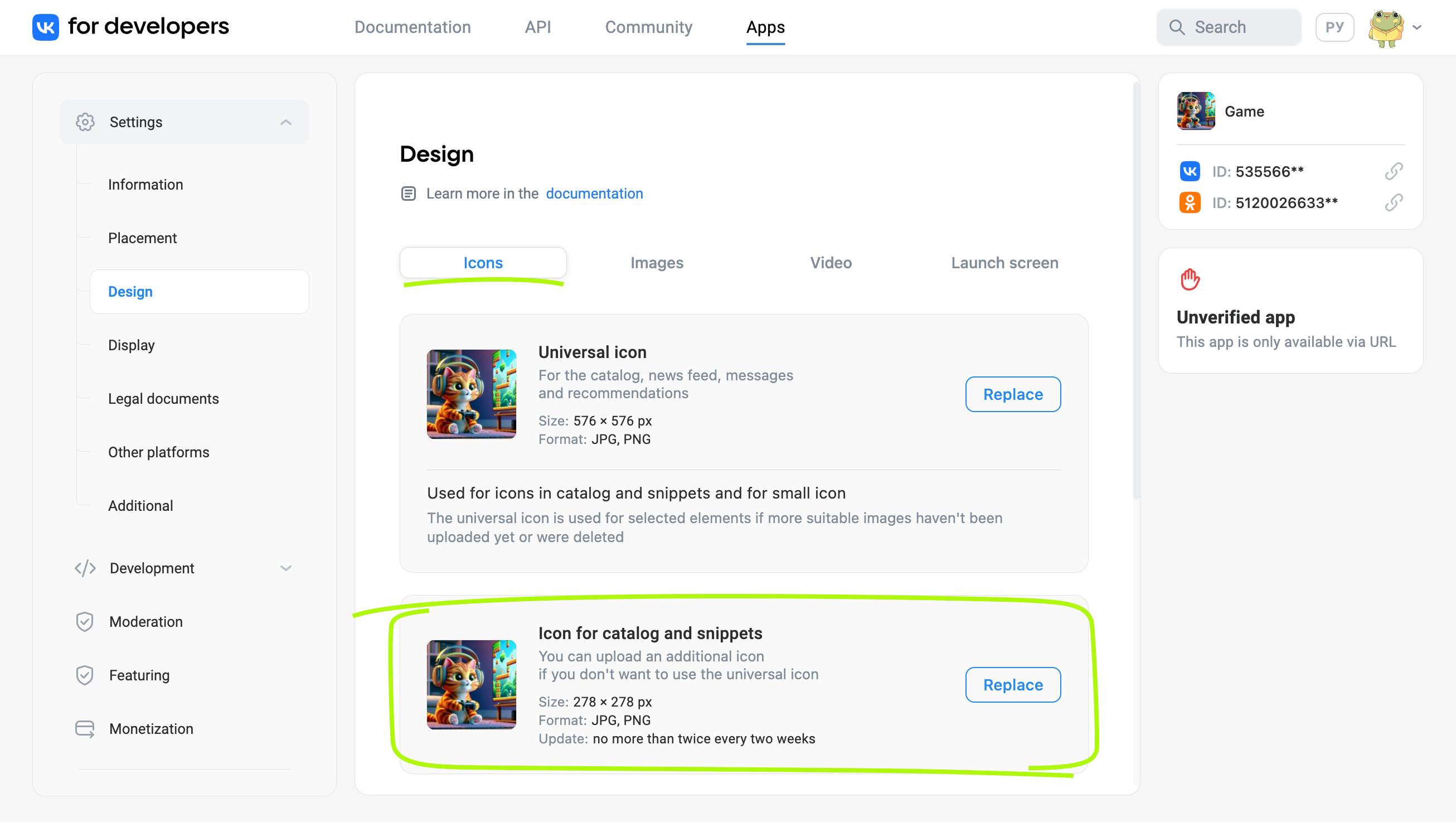 Upload the catalog and snippet icon